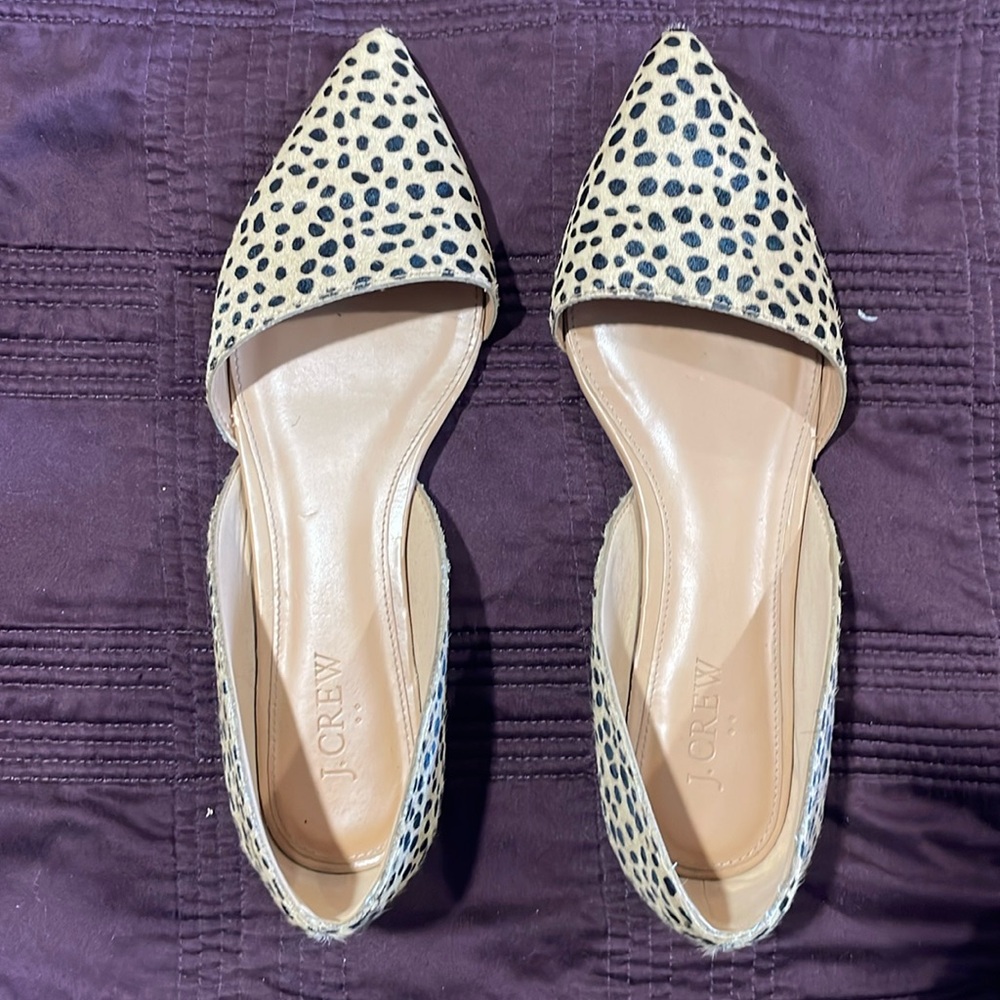 J Crew Factory New Zoe Leopard Calf Hair D'Orsay Flat, Size 8